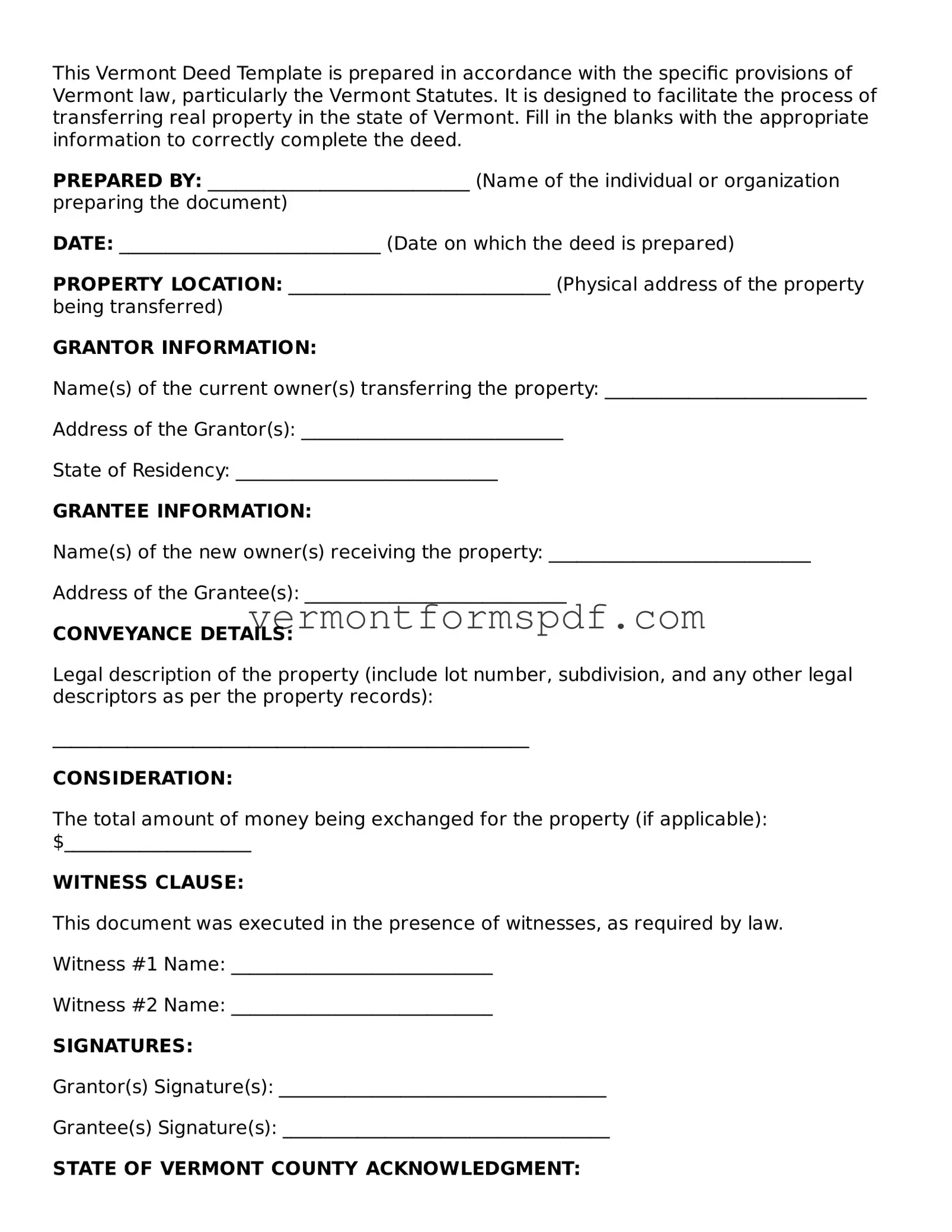 Printable Vermont Deed Template