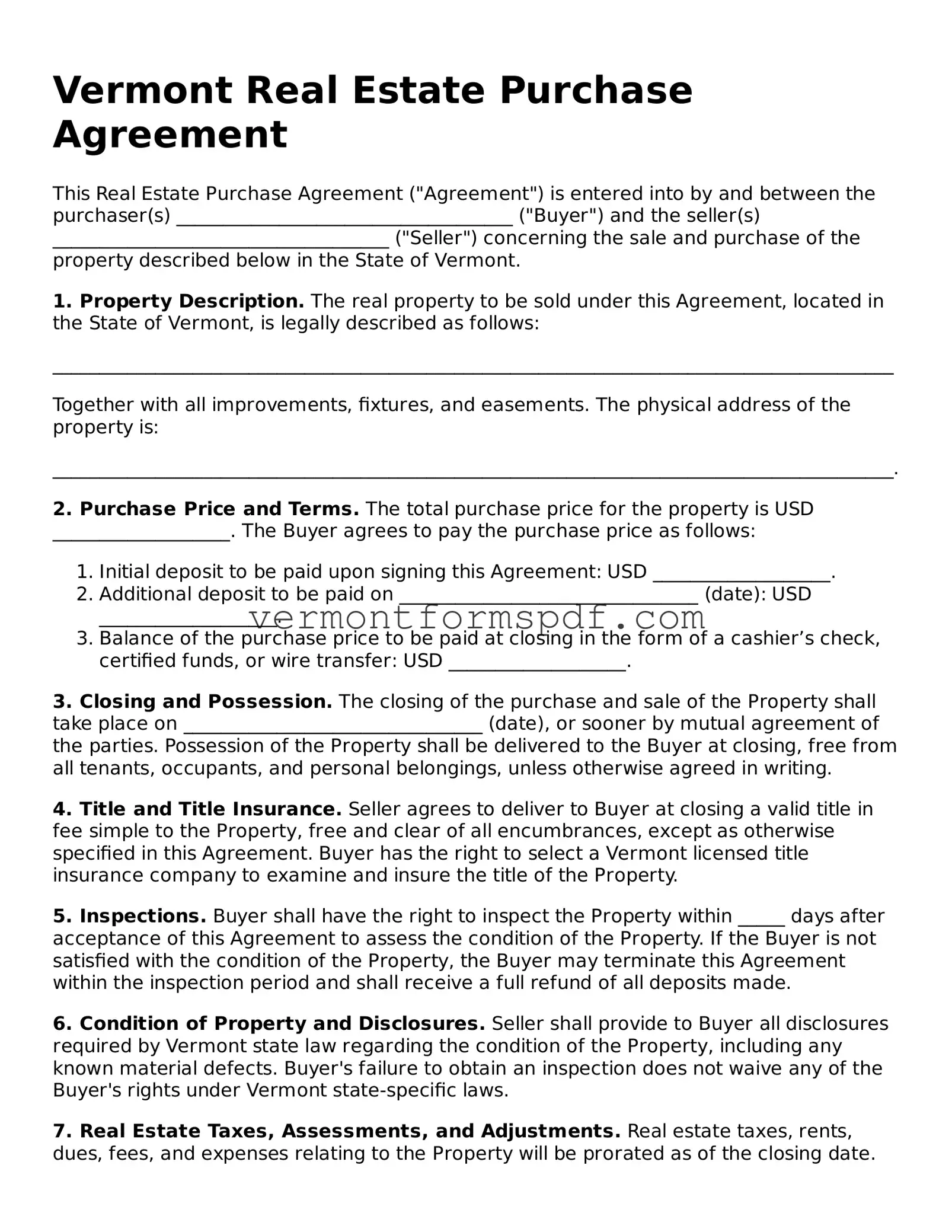 Printable Vermont Real Estate Purchase Agreement Template