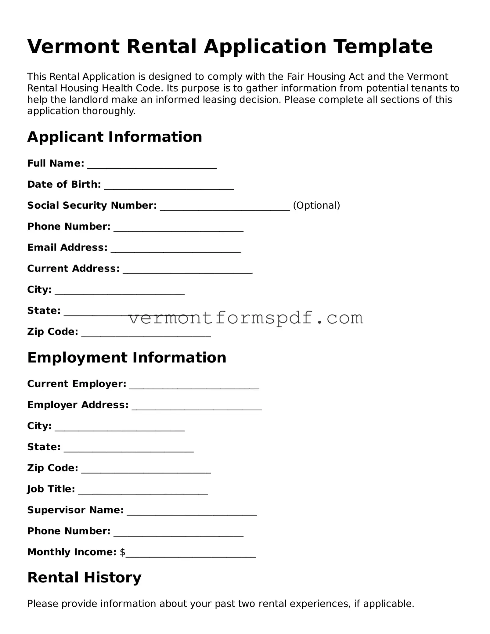 Printable Vermont Rental Application Template