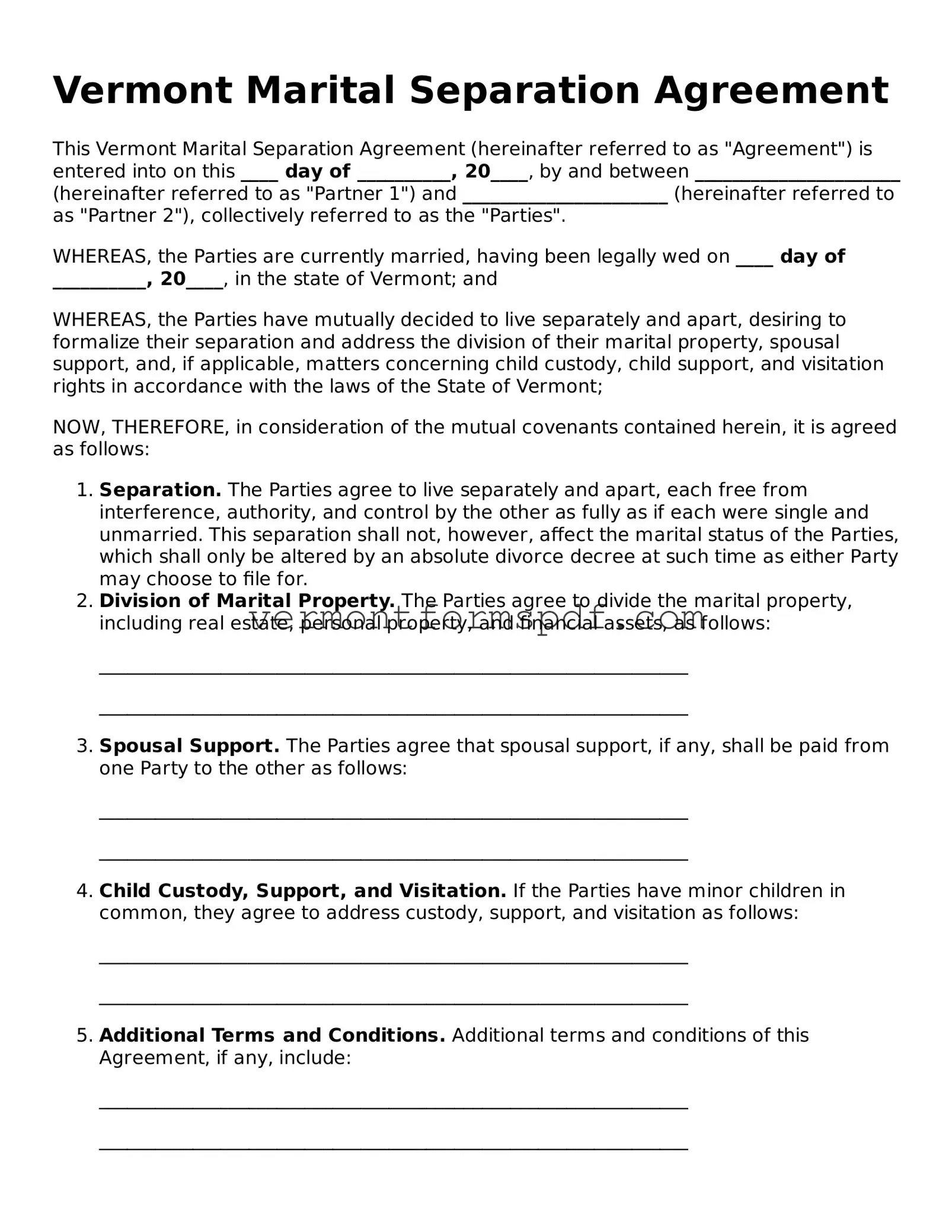 Printable Vermont Marital Separation Agreement Template