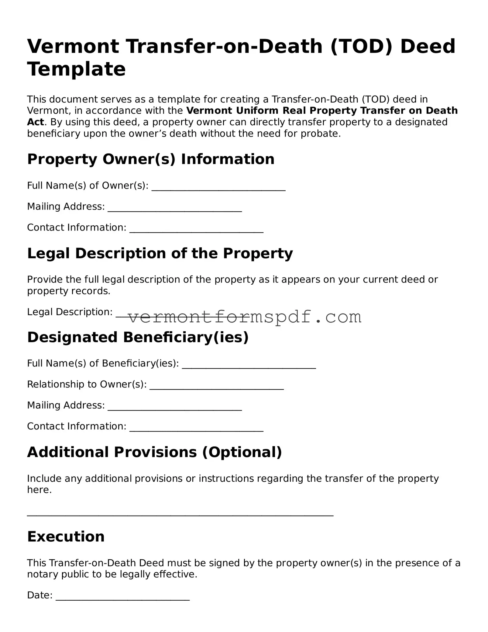 Printable Vermont Transfer-on-Death Deed Template