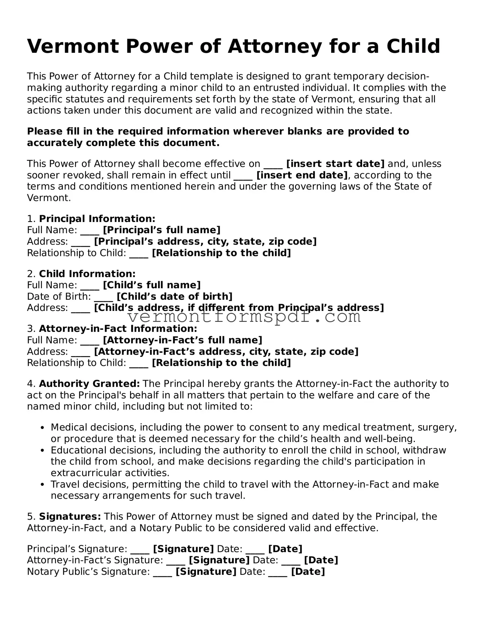 Printable Vermont Power of Attorney for a Child Template