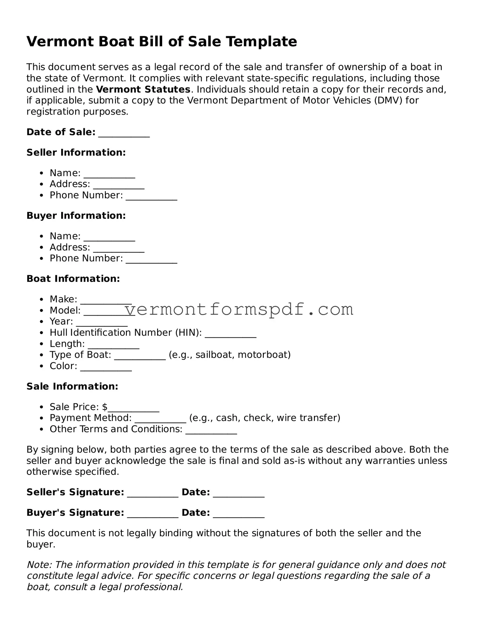 Printable Vermont Boat Bill of Sale Template